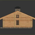 Residential Wooden House With Stone Chimney Black Roof Large Windows And Stone Platform