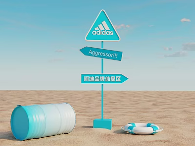 Adidas Triangle Sign With Arrow Signs Blue White Barrel And Lifebuoy On Beach 3d model