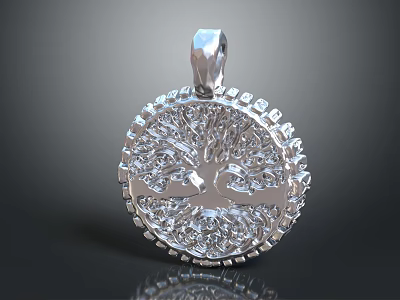 Intricate Silver Pendant Sculpture with Circular Tree Pattern and Inlaid Decorations 3d model