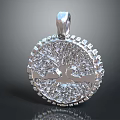 Intricate Silver Pendant Sculpture with Circular Tree Pattern and Inlaid Decorations 3d model