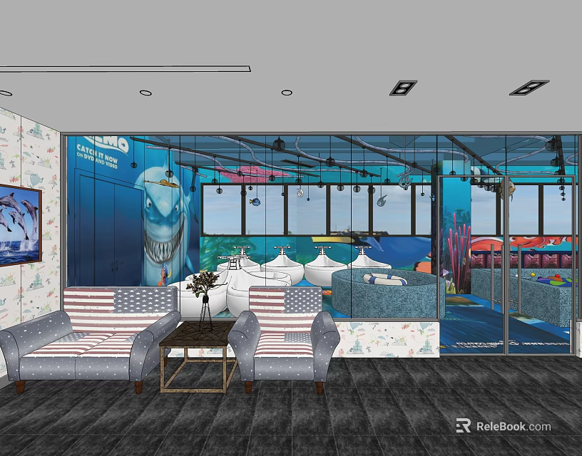 Swimming Pool Space With Ocean Themed Decor Glass Walls And Rest Sofa Coffee Table 3d model 