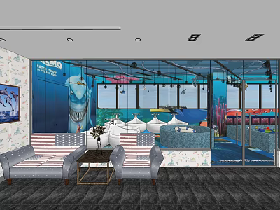 Swimming Pool Space With Ocean Themed Decor Glass Walls And Rest Sofa Coffee Table 3d model
