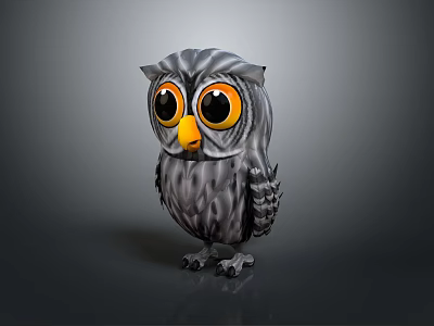 Cute Cartoon Owl 3D Model With Big Yellow Eyes Yellow Beak And Gray Feathers 3d model