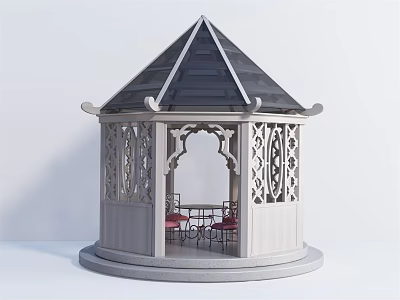 Classic Gazebo With Pyramid Roof And Intricate Carved Patterns Interior Table With Chairs 3d model