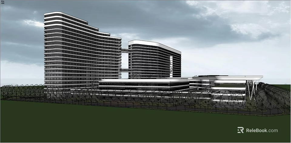 Modern High Rise Building Complex With Glass Facade Connected Towers And Green Area 3d model 