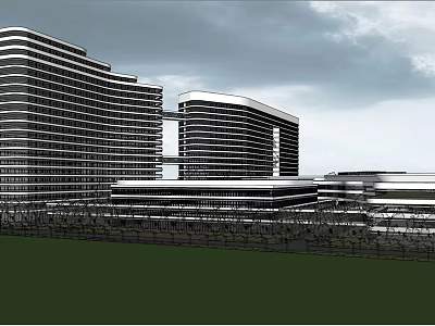 Modern High Rise Building Complex With Glass Facade Connected Towers And Green Area 3d model