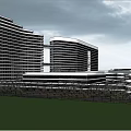 Modern High Rise Building Complex With Glass Facade Connected Towers And Green Area