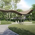 Scenic Urban Park Landscape With Cherry Trees Green Lawns Curved Paths And White Buildings