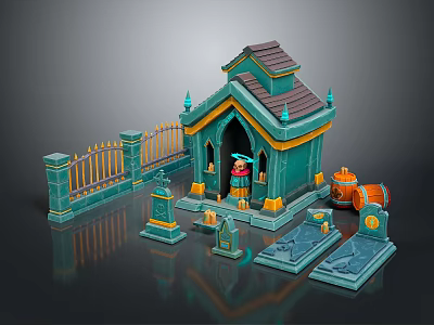 Teal Small Building With Brown Roof Spires Fence Tombstones And Barrel 3d model