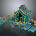 Teal Small Building With Brown Roof Spires Fence Tombstones And Barrel