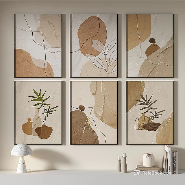 Minimalist Abstract Art Paintings With Beige Brown Tones Lines Geometric Shapes And Plant Elements 3d model 