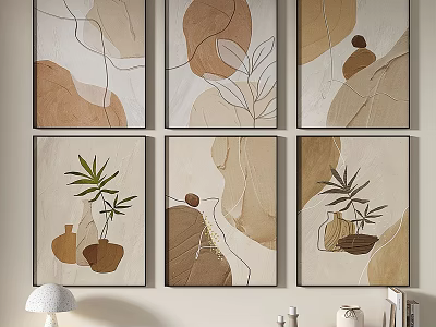 Minimalist Abstract Art Paintings With Beige Brown Tones Lines Geometric Shapes And Plant Elements 3d model