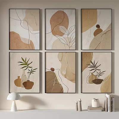 Minimalist Abstract Art Paintings With Beige Brown Tones Lines Geometric Shapes And Plant Elements 3d model