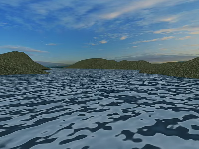 Serene Garden Landscape With Calm Water Area Green Hills And Blue Sky With White Clouds 3d model