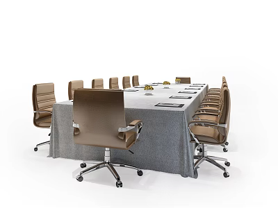Modern Conference Table With Gray Tablecloth And Brown Wheeled Office Chairs 3d model