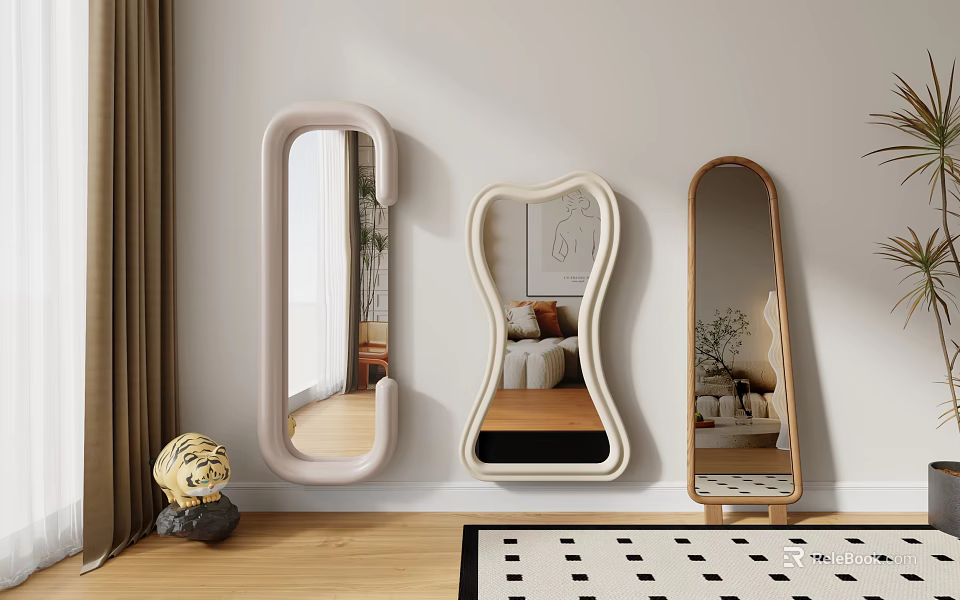 Different Shaped Mirrors on White Wall with Wooden Floor Curtain and Black White Rug 3d model 