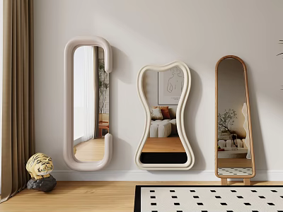 Different Shaped Mirrors on White Wall with Wooden Floor Curtain and Black White Rug 3d model
