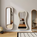 Different Shaped Mirrors on White Wall with Wooden Floor Curtain and Black White Rug