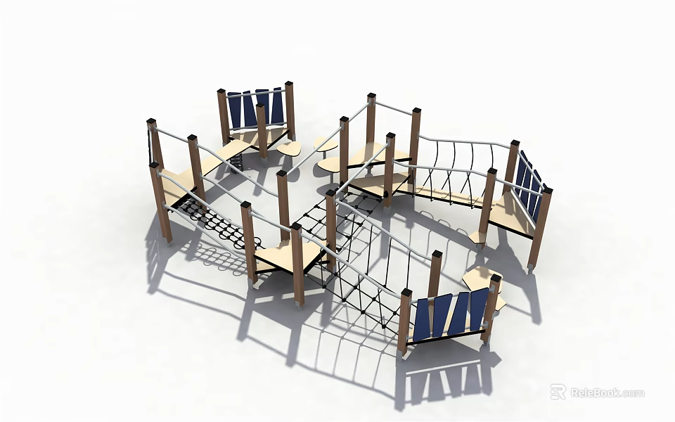 Multi functional Outdoor Wooden Playground Equipment With Climbing Rope Nets And Platforms 3d model 