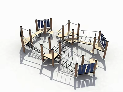 Multi functional Outdoor Wooden Playground Equipment With Climbing Rope Nets And Platforms 3d model