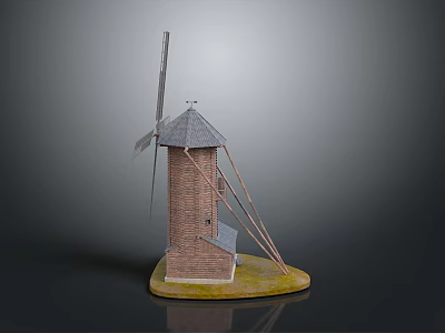 Traditional Windmill Model With Brick Structure Gray Roof Blades And Supporting Poles 3d model