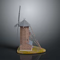 Traditional Windmill Model With Brick Structure Gray Roof Blades And Supporting Poles