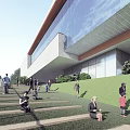 Modern Sales Office Building Exterior With Large Glass Facade Geometric Structure Green Lawn And Waterfront