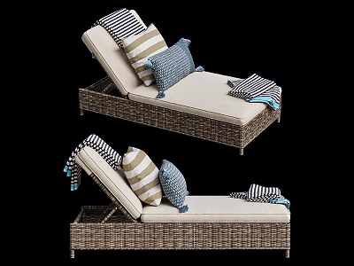 Wicker Lounge Chair with Beige Cushion Striped Pillows and Blue Throw Blanket 3d model