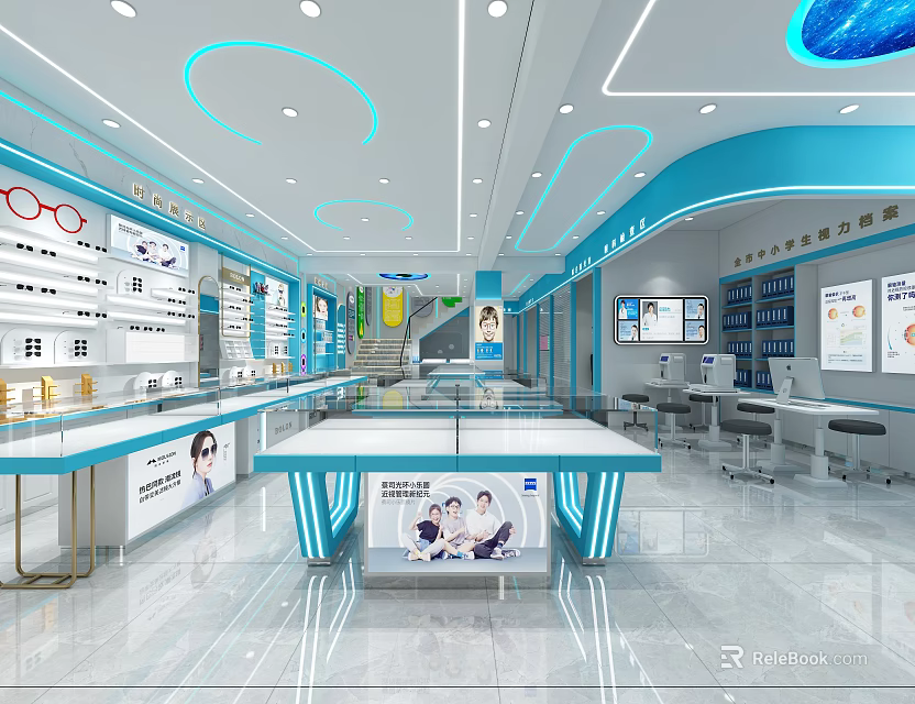 Modern Blue Open Eyewear Store With Display Shelves Counter And Optometry Equipment 3d model 