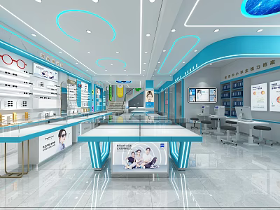 Modern Blue Open Eyewear Store With Display Shelves Counter And Optometry Equipment 3d model