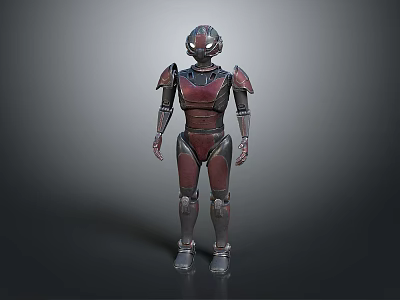 3D Rendered Robot Character With Red And Gray Metallic Armor Standing Upright And Glowing Eyes 3d model
