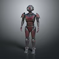 3D Rendered Robot Character With Red And Gray Metallic Armor Standing Upright And Glowing Eyes