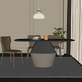 Modern Round Dining Table Set With Black Silver Base Light Brown Chairs White Pendant Light 3d model