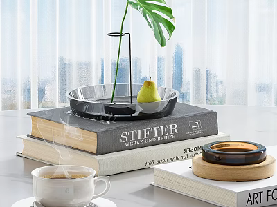Stylish Decorative Ornament Combination With Books Transparent Tray Pear Green Leaf And Coffee Cup 3d model