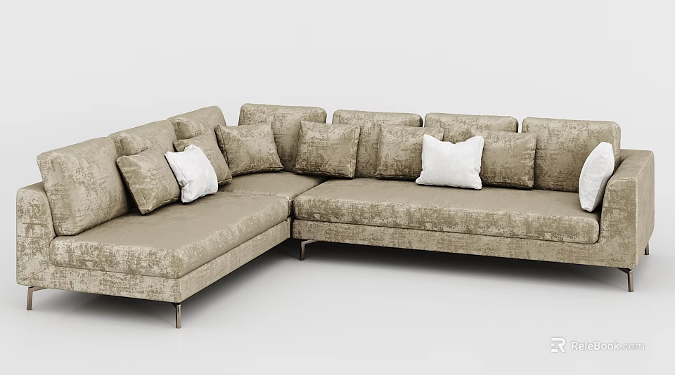 Beige Sectional Sofa with Multiple Pillows Modern Design and Metal Legs 3d model