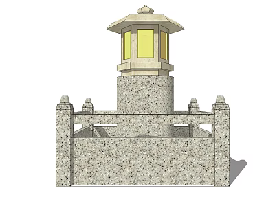 Traditional Outdoor Light With Stone Structure And Pagoda Style Top Square Lantern Body Railing Base 3d model