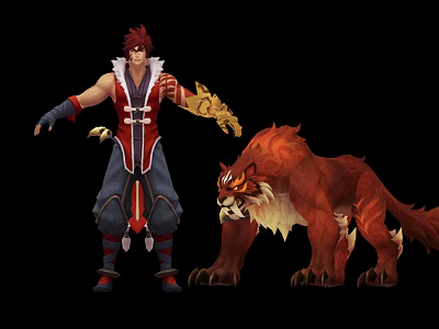Red Haired Character With Mechanical Arm And Fierce Red Tiger Creature 3d model