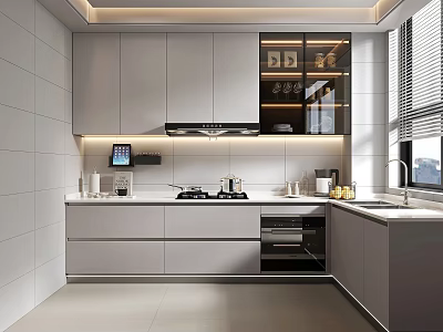 Modern Kitchen Interior With White Cabinets Glass Door Upper Cabinets Under Cabinet Lighting And Appliances 3d model