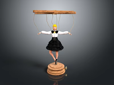 Wooden String Controlled Puppet Featuring Blonde Hair Black Dress White Blouse And Wooden Base 3d model