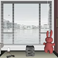 White Window Blinds In Living Room With City View And Red Rabbit Decor