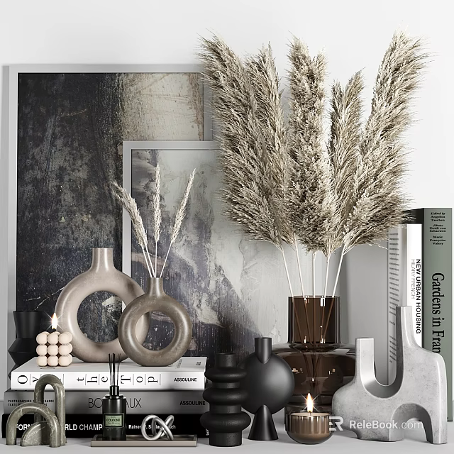 Elegant Decorative Ornament Set With Pampas Grass Vases Frames And Books For Home Styling 3d model 