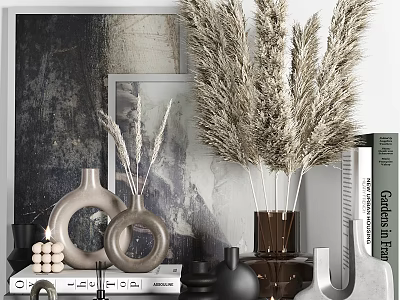Elegant Decorative Ornament Set With Pampas Grass Vases Frames And Books For Home Styling 3d model