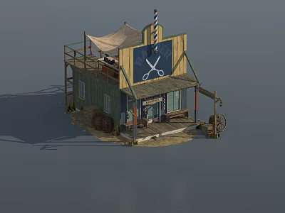 Vintage Detached Villa Exterior With Wooden Structure Scissors Sign Canopy And Rural Decor 3d model