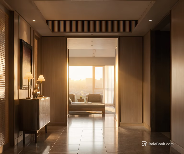 Elegant Entryway Hallway With Wooden Walls Natural Light Tile Floor And Console Table 3d model 