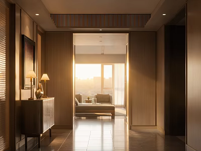 Elegant Entryway Hallway With Wooden Walls Natural Light Tile Floor And Console Table 3d model