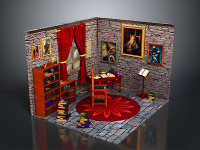 Cozy Study Room Interior With Brick Walls Red Curtains Bookshelf And Desk 3d model