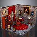 Cozy Study Room Interior With Brick Walls Red Curtains Bookshelf And Desk