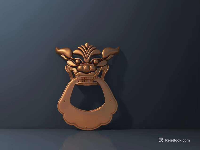 Copper Colored Door Handle With Intricate Animal Head Decoration On Dark Background 3d model 