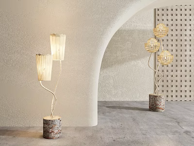 Modern Floor Lamps With Fabric Spherical Shades Curved Poles And Stone Bases In Minimalist Interior 3d model