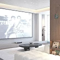 Modern Living Room Interior With Large Screen Black White Photo Sofa Coffee Table And Bookshelf